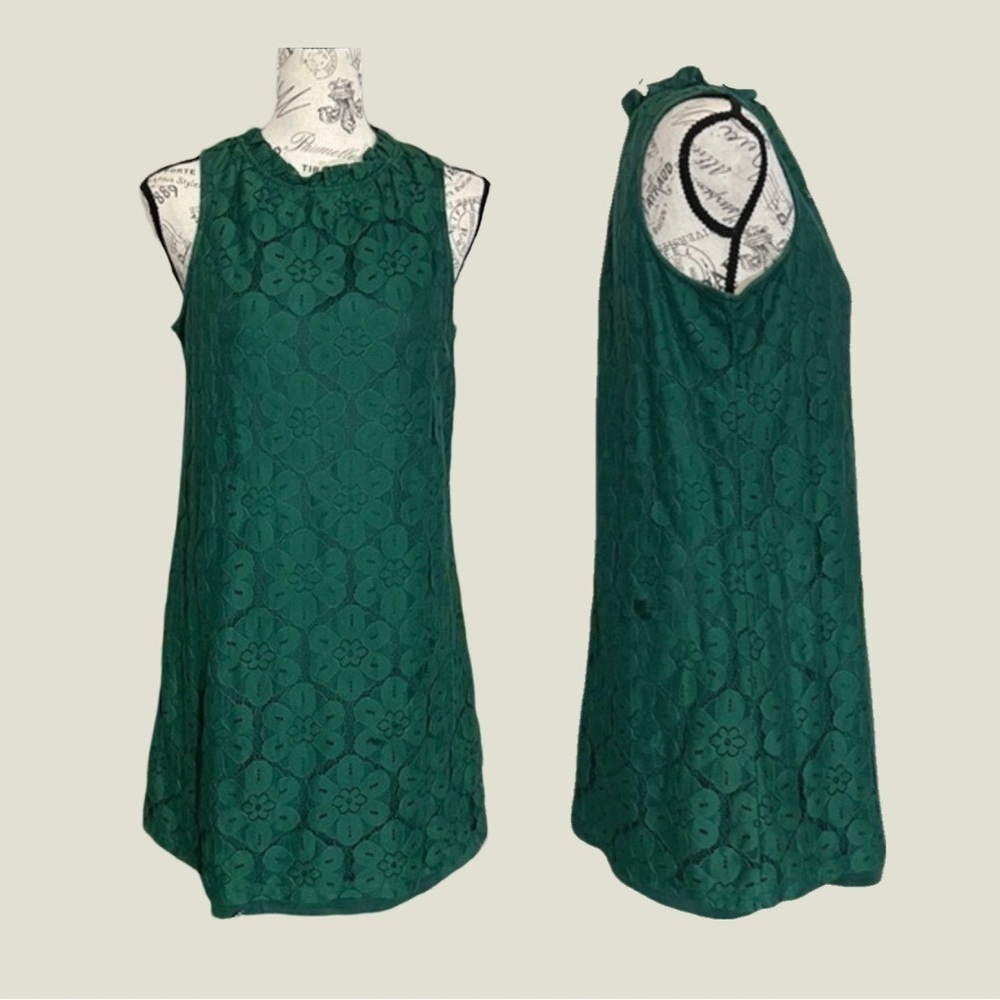 Paper Crane for Anthropologie Green Lace Over Shift Dress